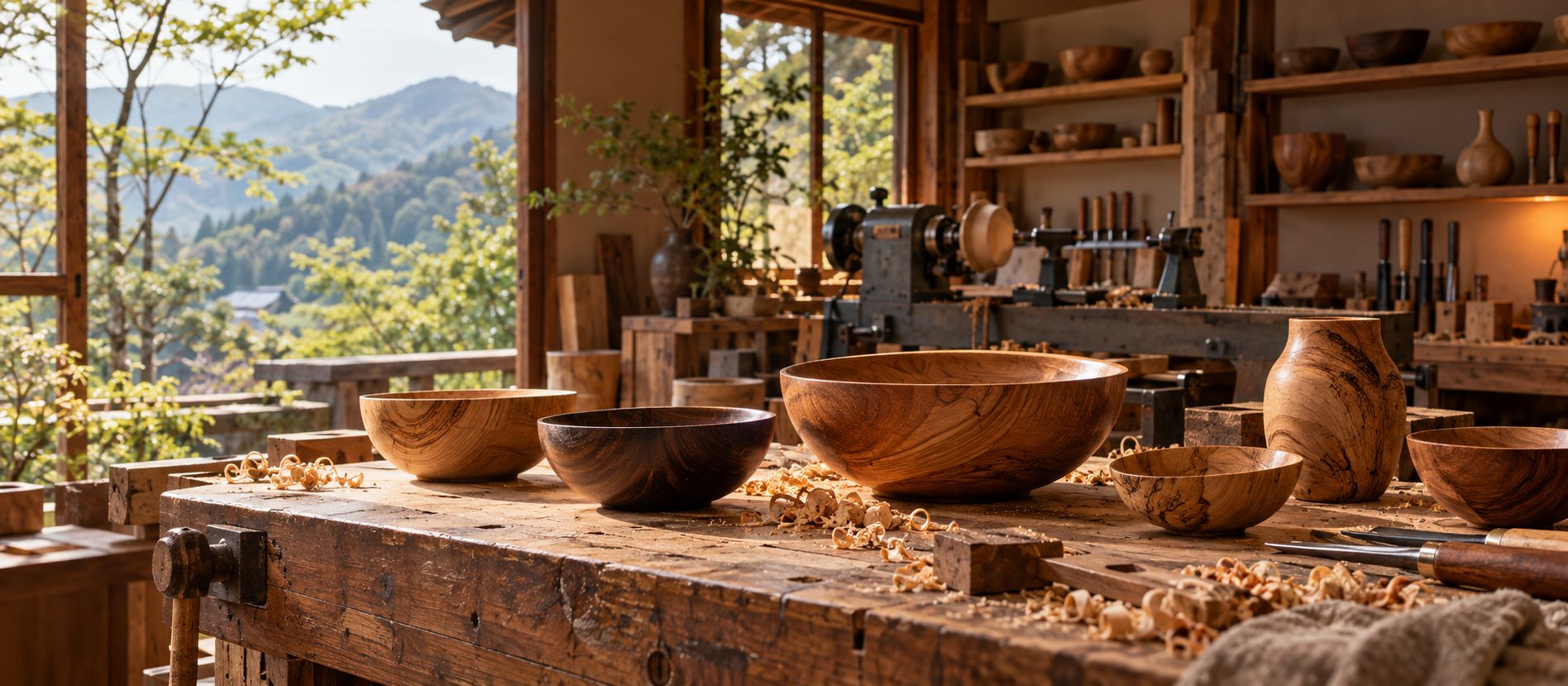 木の器が並ぶ、窓の大きな工房の作業台